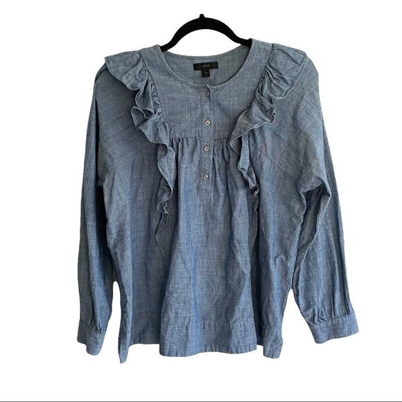 J. CREW Blue Chambray Denim Popover Long Sleeve Shirt Blouse Top Ruffle 4T - Picture 1 of 7